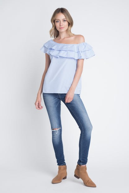 Women's Striped Off Shoulder Ruffle Stripe Blouse-Crafty Monkey