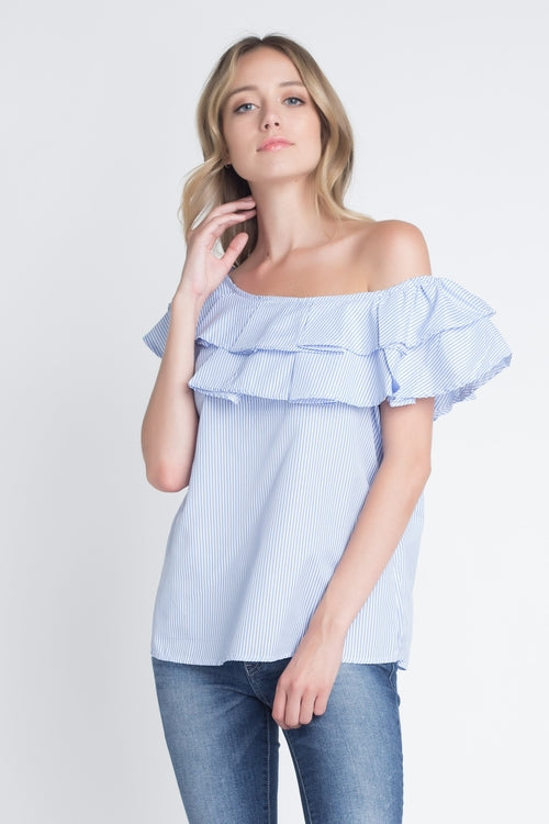 Women's Striped Off Shoulder Ruffle Stripe Blouse-Crafty Monkey