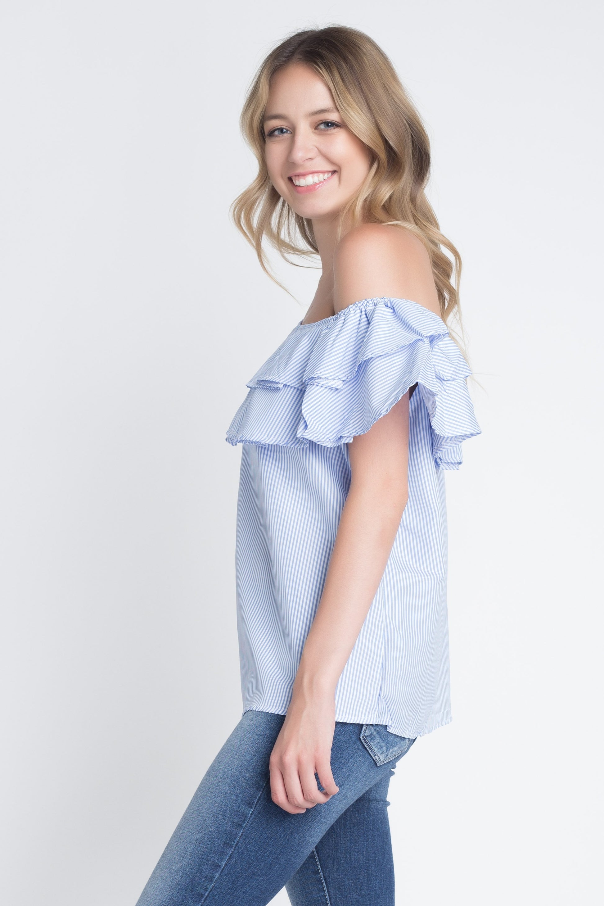 Women's Striped Off Shoulder Ruffle Stripe Blouse-Crafty Monkey