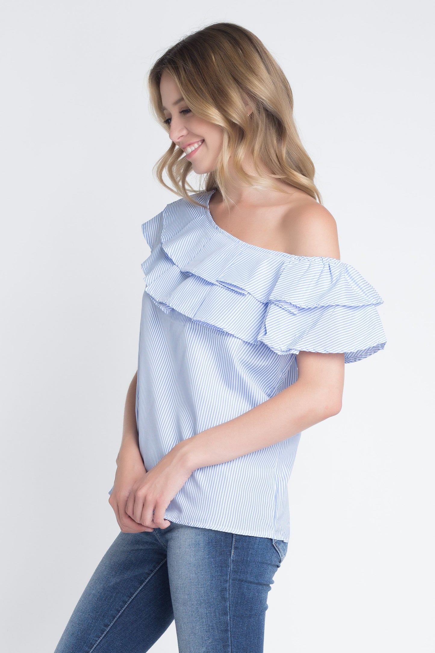 Women's Striped Off Shoulder Ruffle Stripe Blouse-Crafty Monkey