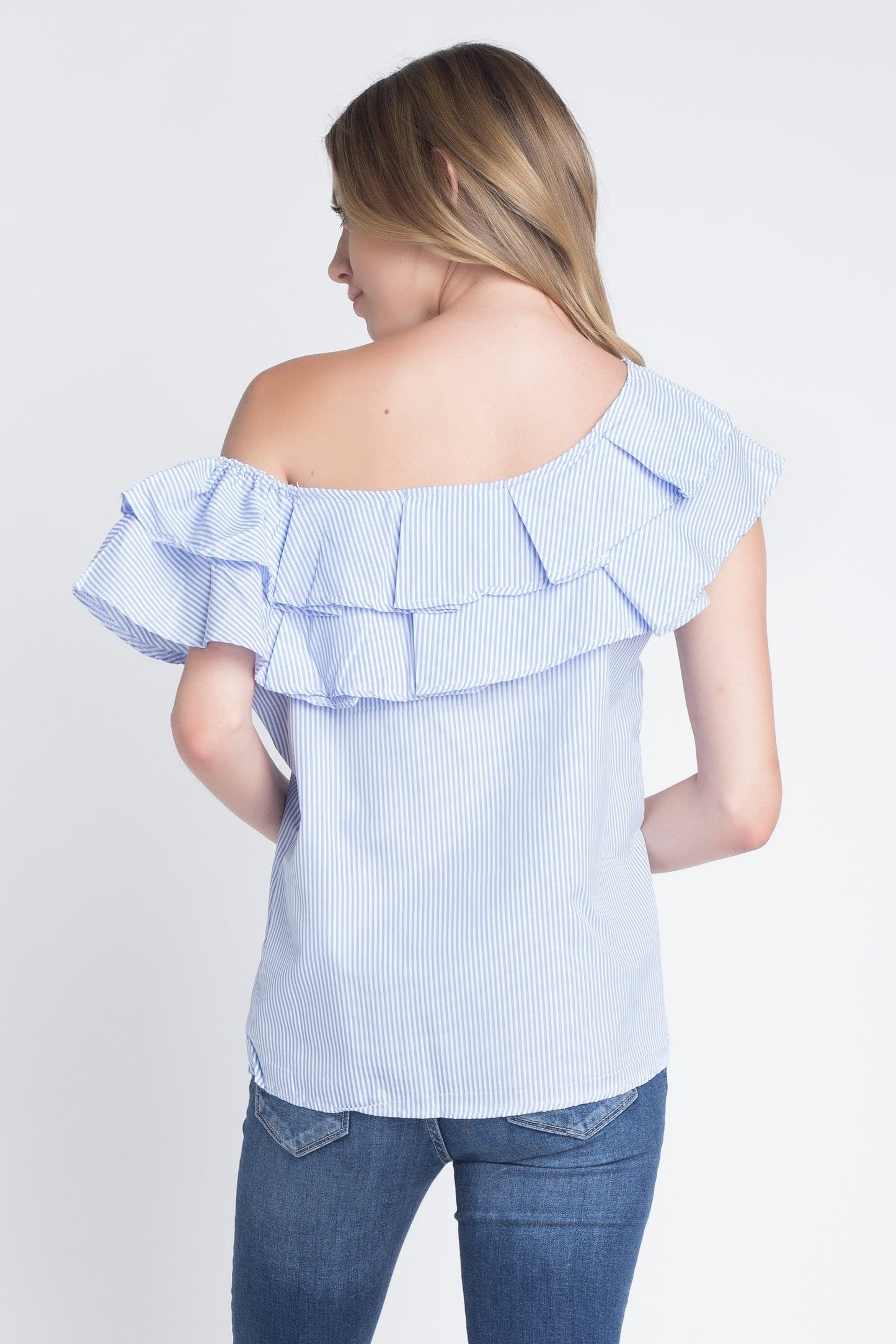 Women's Striped Off Shoulder Ruffle Stripe Blouse-Crafty Monkey