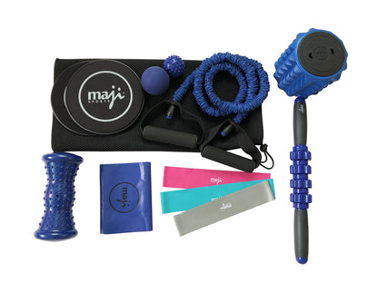 Exercise kit in blue with handle, ball, rope, and rubber band.